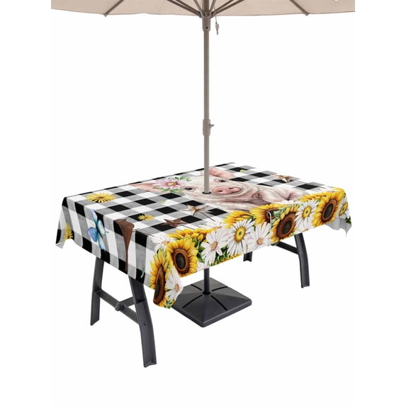 Outdoor Tablecloth with Umbrella Hole for Patio/Picnic/Party/Camping, Pig Sunflower Western Waterproof Table Cloth Rectangle Table Cover Washable, Rustic Daisy Black Buffalo Plaid (52"x 70")