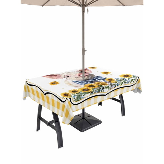 Outdoor Tablecloth with Umbrella Hole for Patio/Picnic/Party/Camping, Pig Sunflowers Waterproof Table Cloth Rectangle Table Cover Washable, Yellow Floral Elegant Checkered Pastoral (60"x 84")