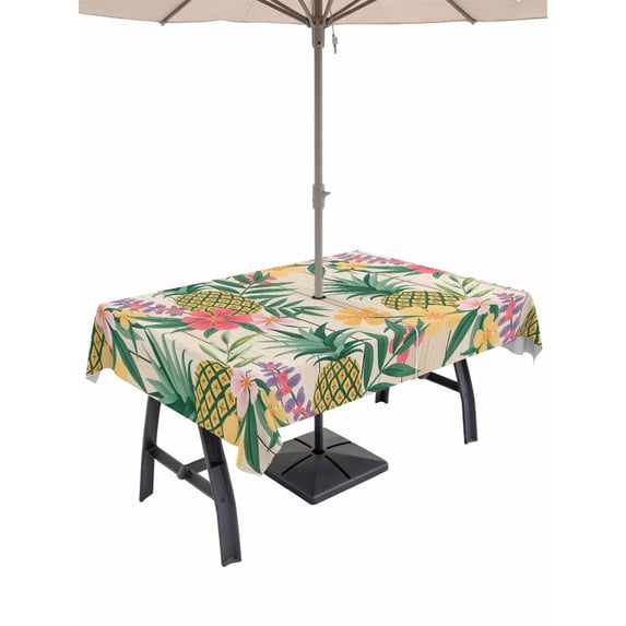 Outdoor Tablecloth with Umbrella Hole for Patio/Picnic/Party/Camping, Pineapple Waterproof Table Cloth Rectangle Table Cover Washable, Farmhouse Fruit Flowers Leaves Wooden Grain (54"x 80")