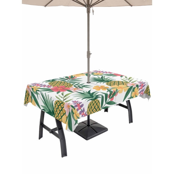 Outdoor Tablecloth with Umbrella Hole for Patio/Picnic/Party/Camping, Pineapple Waterproof Table Cloth Rectangle Table Cover Washable, Summer Nature Tropical Fruit Flowers Leaves (60"x 84")
