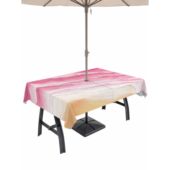 Outdoor Tablecloth with Umbrella Hole for Patio/Picnic/Party/Camping, Pink Beach Coastal Waterproof Table Cloth Rectangle Table Cover Washable, Summer Nautical Seaside Ocean Ombre (52"x 70")