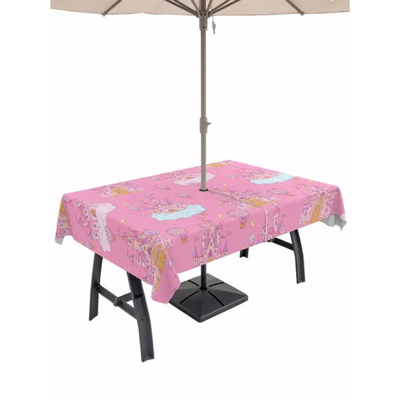 Outdoor Tablecloth with Umbrella Hole for Patio/Picnic/Party/Camping, Pink Castle Waterproof Table Cloth Rectangle Table Cover Washable, Balloon Modern Art Star Moon (60"x 102")