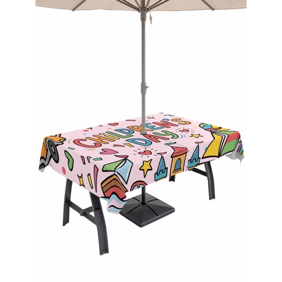 Outdoor Tablecloth with Umbrella Hole for Patio/Picnic/Party/Camping, Pink Children's Day Waterproof Table Cloth Rectangle Table Cover Washable, Car Tree Stars Modern Abstract Art Cartoon (60"x 120")