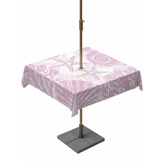 Outdoor Tablecloth with Umbrella Hole for Patio/Picnic/Party/Camping, Pink Coastal Waterproof Table Cloth Square Cover Washable, Nautical Coral Shell Conch Starfish Summer (60"x 60")