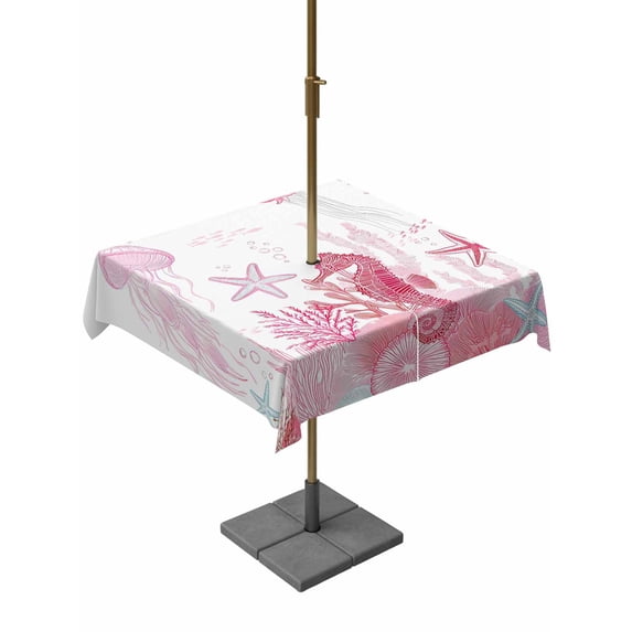 Outdoor Tablecloth with Umbrella Hole for Patio/Picnic/Party/Camping, Pink Coastal Waterproof Table Cloth Square Cover Washable, Summer Ocean Coral Jellyfish Seahorse Starfish (60"x 60")