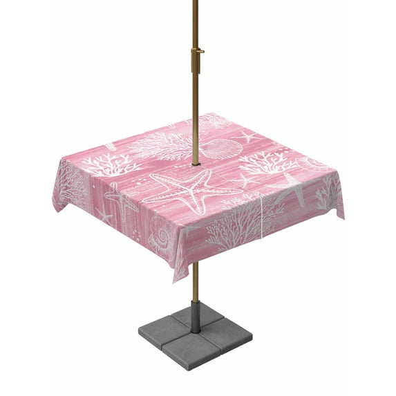 Outdoor Tablecloth with Umbrella Hole for Patio/Picnic/Party/Camping, Pink Coastal Waterproof Table Cloth Square Cover Washable, Summer Ocean Sea Waves Starfish Corals (60"x 60")