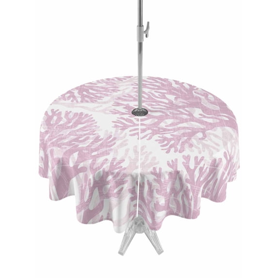 Outdoor Tablecloth with Umbrella Hole for Patio/Picnic/Party/Camping, Pink Coral Waterproof Table Cloth Round Cover Washable, Coastal Summer Ocean Nautical Sea (Dia 60")
