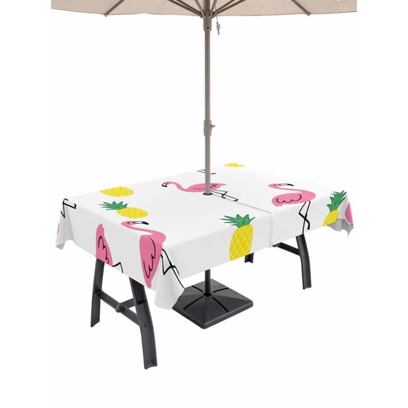 Outdoor Tablecloth with Umbrella Hole for Patio/Picnic/Party/Camping, Pink Flamingo Tropical Waterproof Table Cloth Rectangle Table Cover Washable, Summer Pineapple Funny Cartoon (54"x 80")