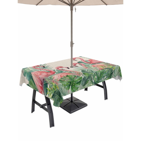 Outdoor Tablecloth with Umbrella Hole for Patio/Picnic/Party/Camping, Pink Flamingo Waterproof Table Cloth Rectangle Table Cover Washable, Summer Tropical Palm Leaves Burlap (52"x 70")
