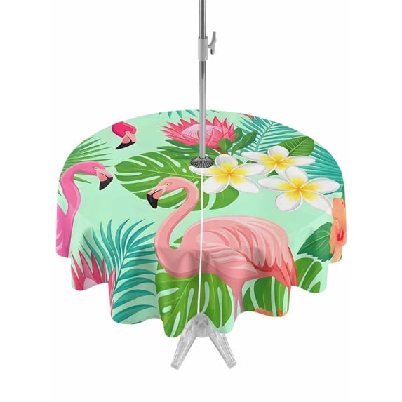 Outdoor Tablecloth with Umbrella Hole for Patio/Picnic/Party/Camping, Pink Flamingo Waterproof Table Cloth Round Cover Washable, Summer Botanical Tropical Floral (Dia 60")