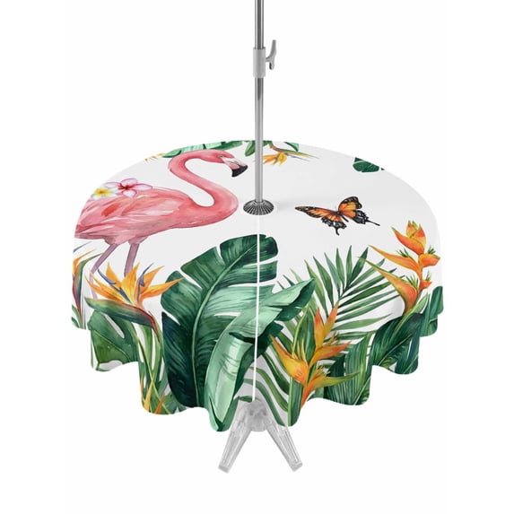 Outdoor Tablecloth with Umbrella Hole for Patio/Picnic/Party/Camping, Pink Flamingo Waterproof Table Cloth Round Cover Washable, Summer Tropical Palm Leaves Butterflies (Dia 60")