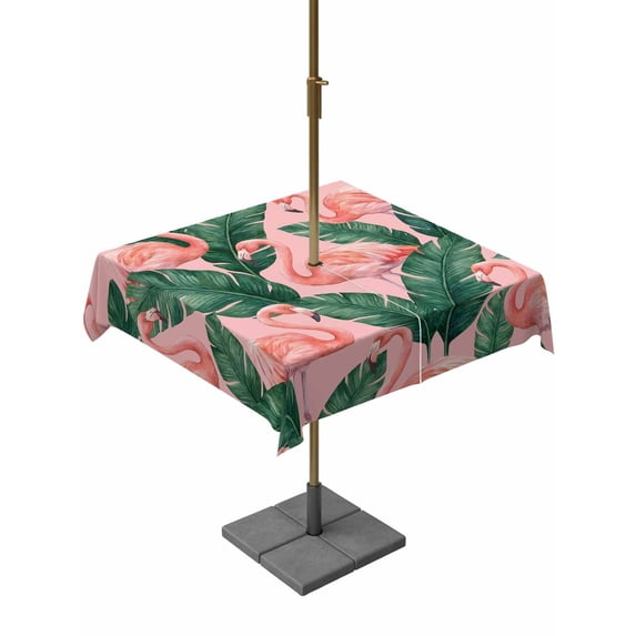 Outdoor Tablecloth with Umbrella Hole for Patio/Picnic/Party/Camping, Pink Flamingo Waterproof Table Cloth Square Cover Washable, Vintage Summer Tropical Leaves Pink (54"x 54")
