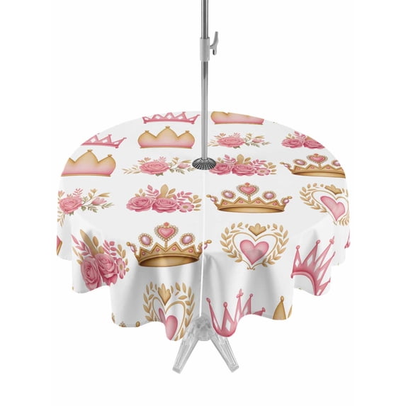 Outdoor Tablecloth with Umbrella Hole for Patio/Picnic/Party/Camping, Pink Floral Crown Waterproof Table Cloth Round Cover Washable, Spring Floral Roses Elegant Farmhouse (Dia 60")