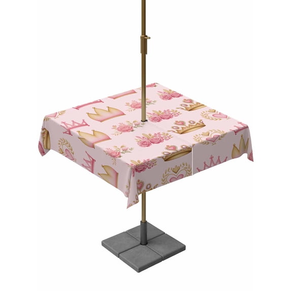 Outdoor Tablecloth with Umbrella Hole for Patio/Picnic/Party/Camping, Pink Floral Crown Waterproof Table Cloth Square Cover Washable, Spring Floral Roses Elegant Pastoral (54"x 54")