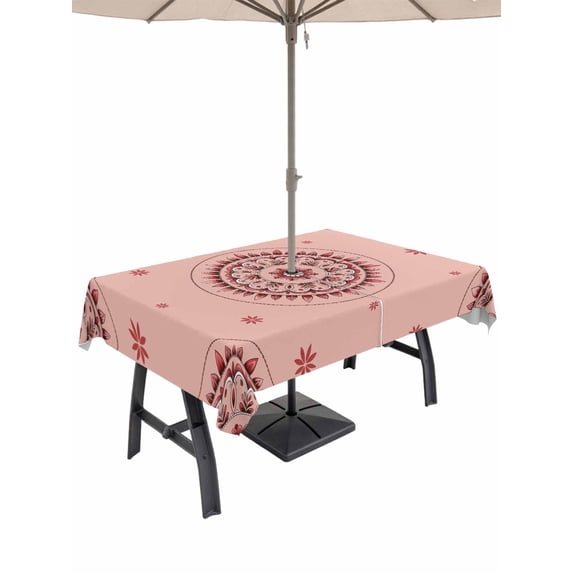 Outdoor Tablecloth with Umbrella Hole for Patio/Picnic/Party/Camping, Pink Floral Waterproof Table Cloth Rectangle Table Cover Washable, Circular Flowers Ethnic Abstract Aesthetic (60"x 120")