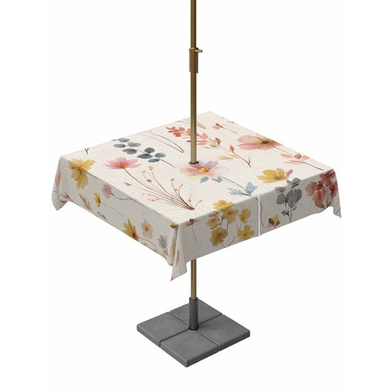 Outdoor Tablecloth with Umbrella Hole for Patio/Picnic/Party/Camping, Pink Floral Waterproof Table Cloth Square Cover Washable, Watercolor Flowers Botanical Linen Texture (54"x 54")