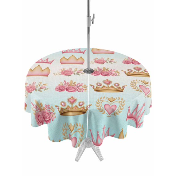 Outdoor Tablecloth with Umbrella Hole for Patio/Picnic/Party/Camping, Pink Flowers Crown Waterproof Table Cloth Round Cover Washable, Spring Floral Roses Romantic Elegant (Dia 54")