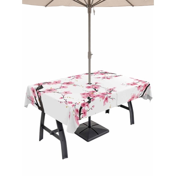 Outdoor Tablecloth with Umbrella Hole for Patio/Picnic/Party/Camping, Pink Flowers Waterproof Table Cloth Rectangle Table Cover Washable, Pink Blossoms Botanical Floral Branches (60"x 84")