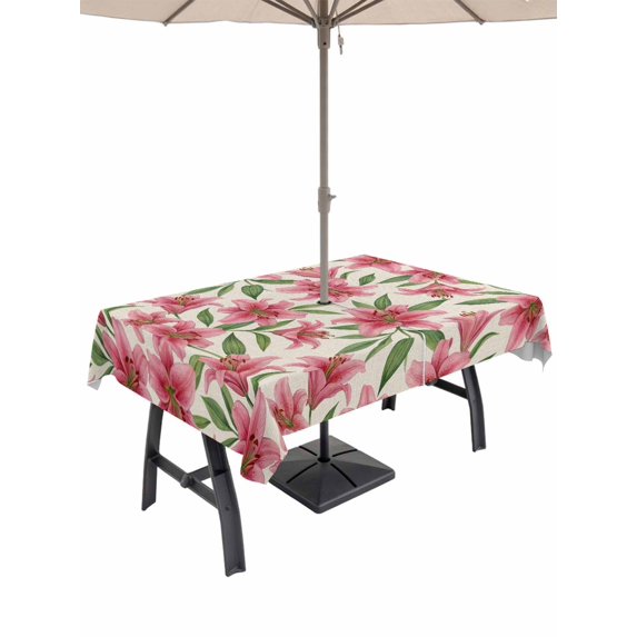 Outdoor Tablecloth with Umbrella Hole for Patio/Picnic/Party/Camping, Pink Flowers Waterproof Table Cloth Rectangle Table Cover Washable, Spring Floral Elegant Pastoral Rustic (60"x 102")
