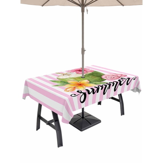 Outdoor Tablecloth with Umbrella Hole for Patio/Picnic/Party/Camping, Pink Flowers Waterproof Table Cloth Rectangle Table Cover Washable, Spring Floral Summer Botanical Striped Farmhouse (52"x 70")