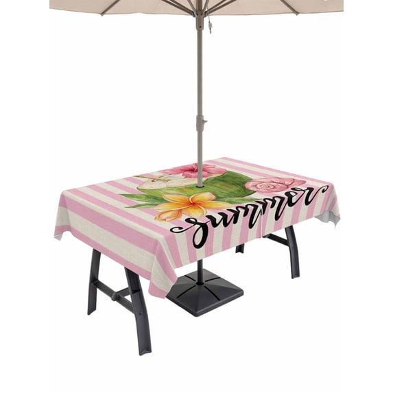 Outdoor Tablecloth with Umbrella Hole for Patio/Picnic/Party/Camping, Pink Flowers Waterproof Table Cloth Rectangle Table Cover Washable, Spring Floral Summer Botanical Striped Vintage Art (52"x 70")