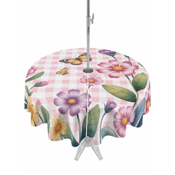 Outdoor Tablecloth with Umbrella Hole for Patio/Picnic/Party/Camping, Pink Flowers Waterproof Table Cloth Round Cover Washable, Spring Floral Butterfly Leaves Plants Rustic Plaid (Dia 54")