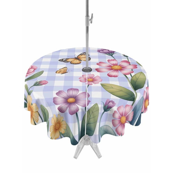 Outdoor Tablecloth with Umbrella Hole for Patio/Picnic/Party/Camping, Pink Flowers Waterproof Table Cloth Round Cover Washable, Spring Floral Butterfly Leaves Plants Blue Plaid (Dia 60")