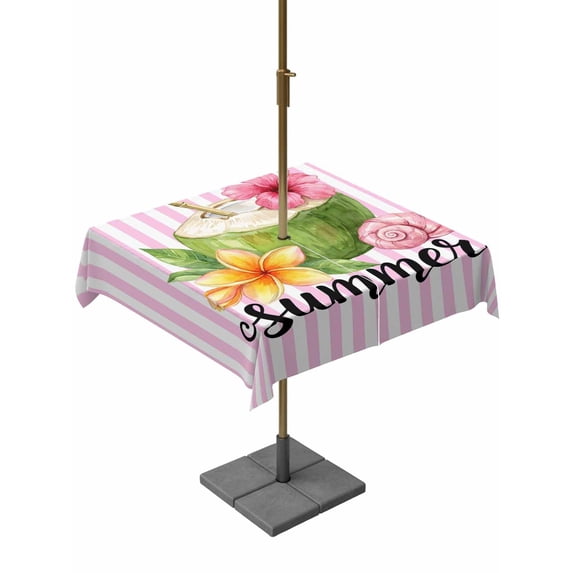 Outdoor Tablecloth with Umbrella Hole for Patio/Picnic/Party/Camping, Pink Flowers Waterproof Table Cloth Square Cover Washable, Spring Floral Summer Botanical Striped Farmhouse (60"x 60")