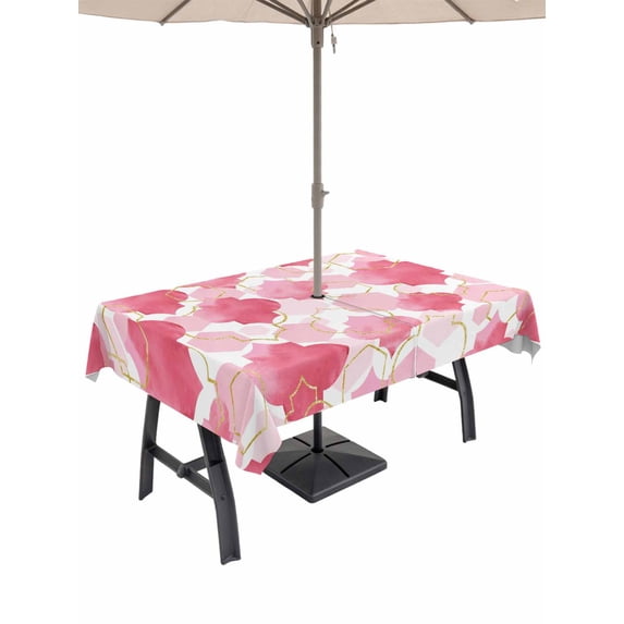 Outdoor Tablecloth with Umbrella Hole for Patio/Picnic/Party/Camping, Pink Geometric Moroccan Waterproof Table Cloth Rectangle Table Cover Washable, Abstract Art Pink Ombre Modern (60"x 120")