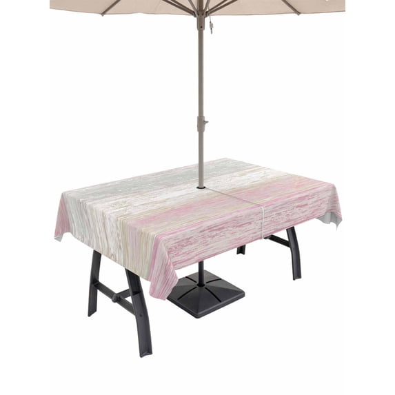 Outdoor Tablecloth with Umbrella Hole for Patio/Picnic/Party/Camping, Pink Grey Waterproof Table Cloth Rectangle Table Cover Washable, Farmhouse Gray Barn Wooden Vintage Striped (60"x 84")