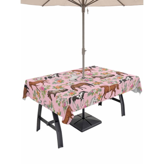 Outdoor Tablecloth with Umbrella Hole for Patio/Picnic/Party/Camping, Pink Horse Waterproof Table Cloth Rectangle Table Cover Washable, Rustic Spring Floral Summer Botanical (60"x 84")