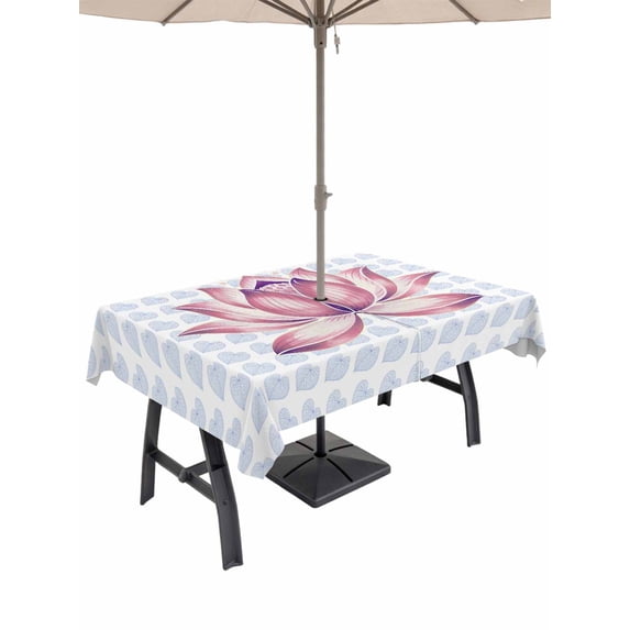 Outdoor Tablecloth with Umbrella Hole for Patio/Picnic/Party/Camping, Pink Lotus Flowers Waterproof Table Cloth Rectangle Table Cover Washable, Classic Love Heart Leaves Blue (60"x 102")