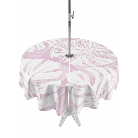 Outdoor Tablecloth with Umbrella Hole for Patio/Picnic/Party/Camping, Pink Monstera Deliciosa Waterproof Table Cloth Round Cover Washable, Summer Botanical Tropical (Dia 60")