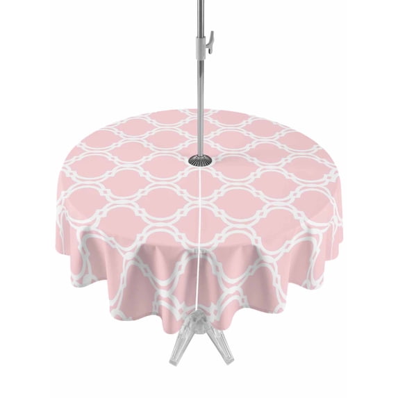 Outdoor Tablecloth with Umbrella Hole for Patio/Picnic/Party/Camping, Pink Morocco Waterproof Table Cloth Round Cover Washable, Geometric Moroccan National Abstract Art (Dia 54")