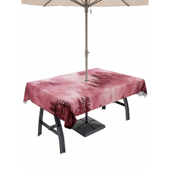 Outdoor Tablecloth with Umbrella Hole for Patio/Picnic/Party/Camping, Pink Mountain Waterproof Table Cloth Rectangle Table Cover Washable, Misty Forest Nature Woodland Pine Tree Landscape (54"x 80")