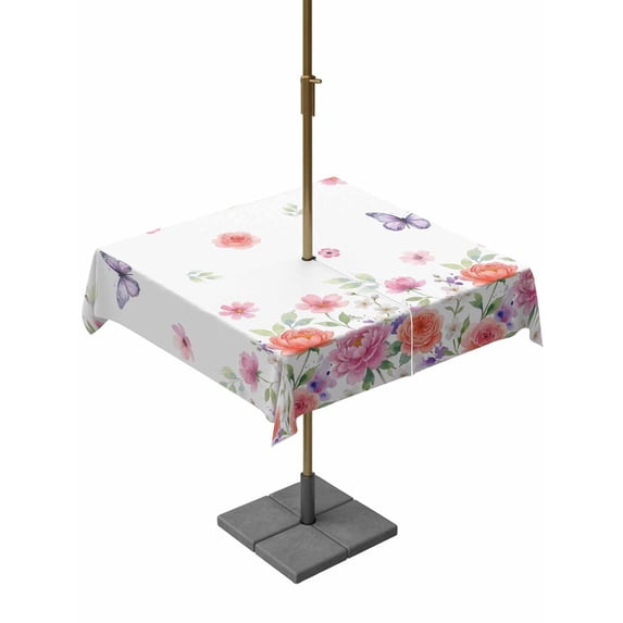 Outdoor Tablecloth with Umbrella Hole for Patio/Picnic/Party/Camping, Pink Orange Roses Waterproof Table Cloth Square Cover Washable, Farmhouse Spring Summer Flowers Butterfly (54"x 54")