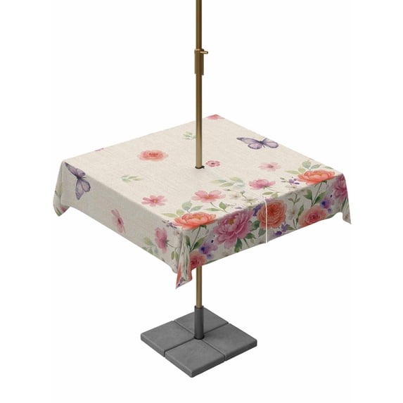 Outdoor Tablecloth with Umbrella Hole for Patio/Picnic/Party/Camping, Pink Orange Roses Waterproof Table Cloth Square Cover Washable, Rustic Spring Summer Flowers Butterflies (54"x 54")