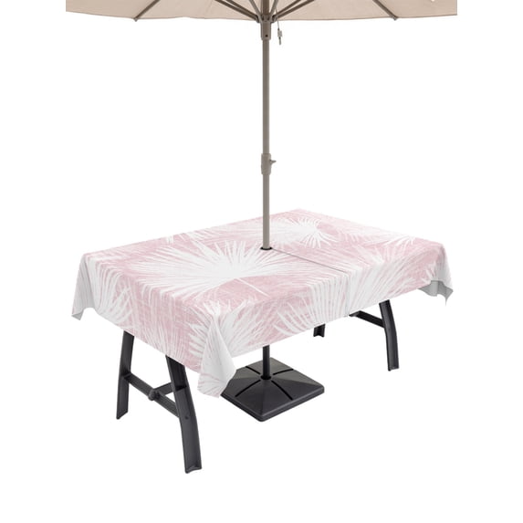 Outdoor Tablecloth with Umbrella Hole for Patio/Picnic/Party/Camping, Pink Palm Leaves Coastal Waterproof Table Cloth Rectangle Table Cover Washable, Summer Tropical Botanical Boho (60"x 84")