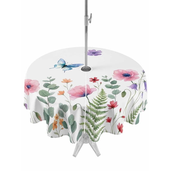 Outdoor Tablecloth with Umbrella Hole for Patio/Picnic/Party/Camping, Pink Poppy Farmhouse Waterproof Table Cloth Round Cover Washable, Spring Summer Botanical Butterflies (Dia 60")