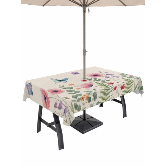 Outdoor Tablecloth with Umbrella Hole for Patio/Picnic/Party/Camping, Pink Poppy Rustic Waterproof Table Cloth Rectangle Table Cover Washable, Spring Summer Botanical Butterflies (54"x 80")