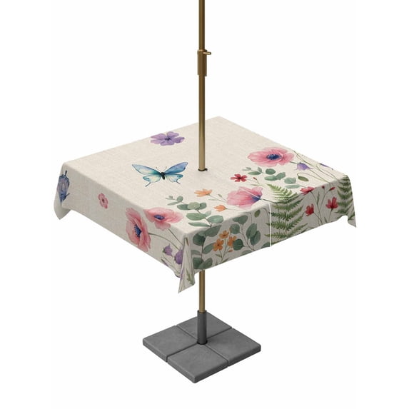 Outdoor Tablecloth with Umbrella Hole for Patio/Picnic/Party/Camping, Pink Poppy Rustic Waterproof Table Cloth Square Cover Washable, Spring Summer Botanical Butterflies (54"x 54")