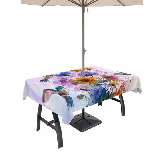 Outdoor Tablecloth with Umbrella Hole for Patio/Picnic/Party/Camping, Pink Purple Hummingbird Waterproof Table Cloth Rectangle Table Cover Washable, Spring Oil Painting Sunflowers (60"x 120")