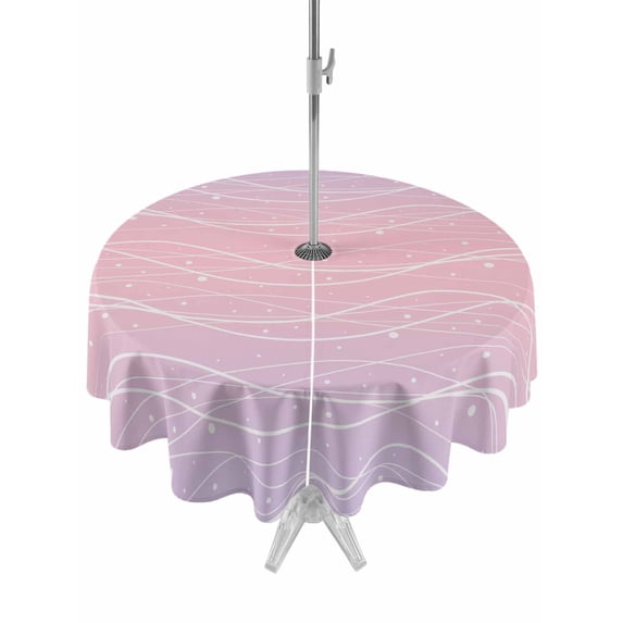 Outdoor Tablecloth with Umbrella Hole for Patio/Picnic/Party/Camping, Pink Purple Ombre Waterproof Table Cloth Round Cover Washable, Modern Abstract Striped Polka Dots (Dia 60")