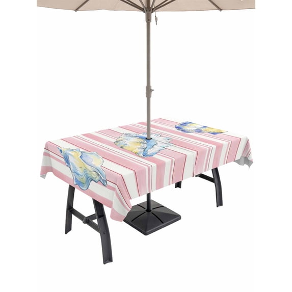 Outdoor Tablecloth with Umbrella Hole for Patio/Picnic/Party/Camping, Pink Shell Coastal Waterproof Table Cloth Rectangle Table Cover Washable, Summer Beach Conch Ocean Striped (54"x 80")