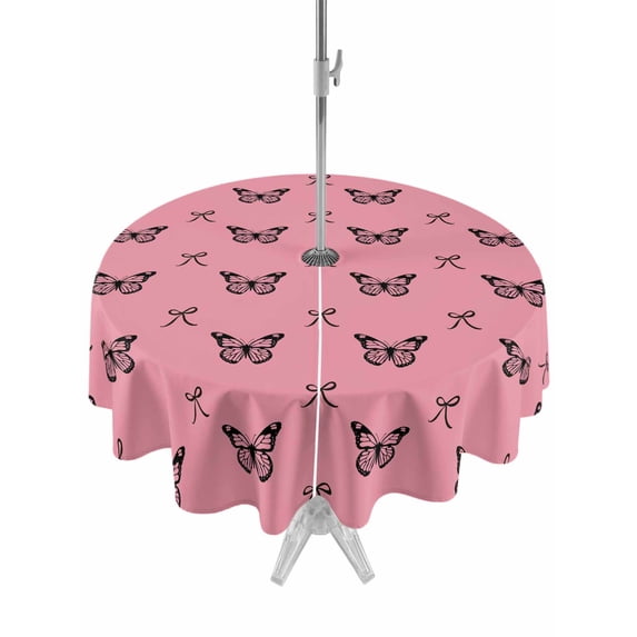 Outdoor Tablecloth with Umbrella Hole for Patio/Picnic/Party/Camping, Pink Spring Butterfly Waterproof Table Cloth Round Cover Washable, Black Bow Knot (Dia 54")