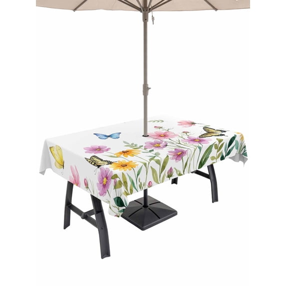 Outdoor Tablecloth with Umbrella Hole for Patio/Picnic/Party/Camping, Pink Spring Floral Waterproof Table Cloth Rectangle Table Cover Washable, Butterfly Elegant Pastoral (60"x 120")
