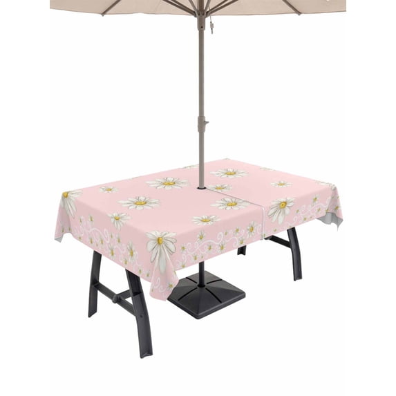 Outdoor Tablecloth with Umbrella Hole for Patio/Picnic/Party/Camping, Pink Spring Floral Waterproof Table Cloth Rectangle Table Cover Washable, Daisy Flowers Elegant Farmhouse Art (60"x 102")