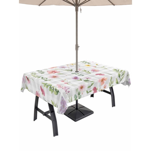 Outdoor Tablecloth with Umbrella Hole for Patio/Picnic/Party/Camping, Pink Spring Floral Waterproof Table Cloth Rectangle Table Cover Washable, Flowers Botanical Elegant Grey Checkered (60"x 84")