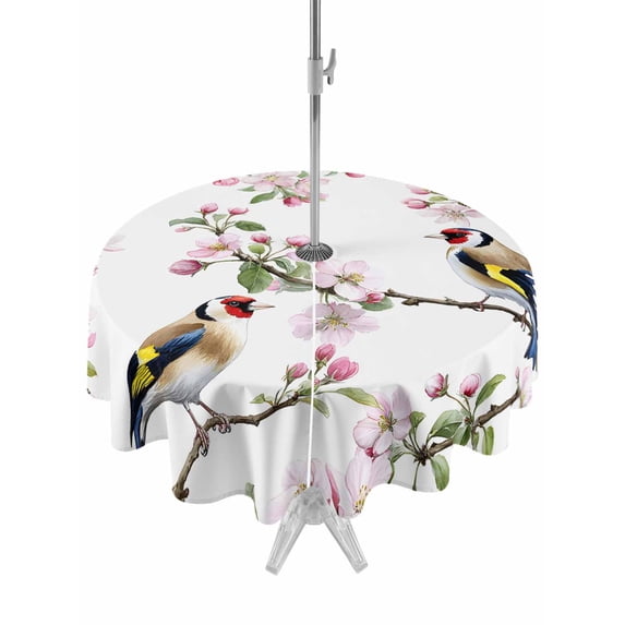 Outdoor Tablecloth with Umbrella Hole for Patio/Picnic/Party/Camping, Pink Spring Floral Waterproof Table Cloth Round Cover Washable, Birds Elegant Pastoral Aesthetics (Dia 54")