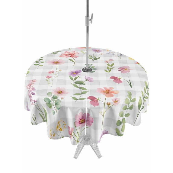 Outdoor Tablecloth with Umbrella Hole for Patio/Picnic/Party/Camping, Pink Spring Floral Waterproof Table Cloth Round Cover Washable, Flowers Botanical Elegant Grey Checkered (Dia 54")